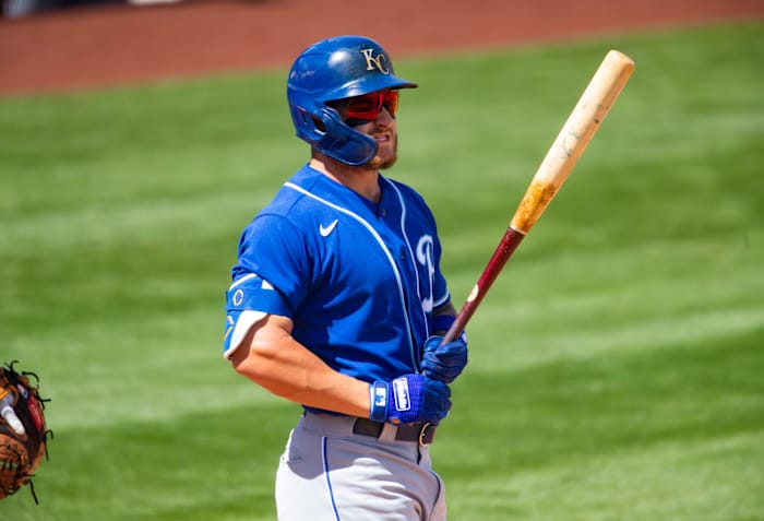 Mar 24, 2021; Tempe, Arizona, USA; Kansas City Royals outfielder Kyle Isbel against the Los Angeles Angels during a Spring Training game at Tempe Diablo Stadium. Mandatory Credit: Mark J. Rebilas-USA TODAY Sports